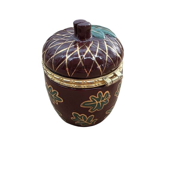 Harry & David Acorn-Shaped Ceramic Trinket Box With Gold Leaf Accents & Hinged - Picture 2 of 7